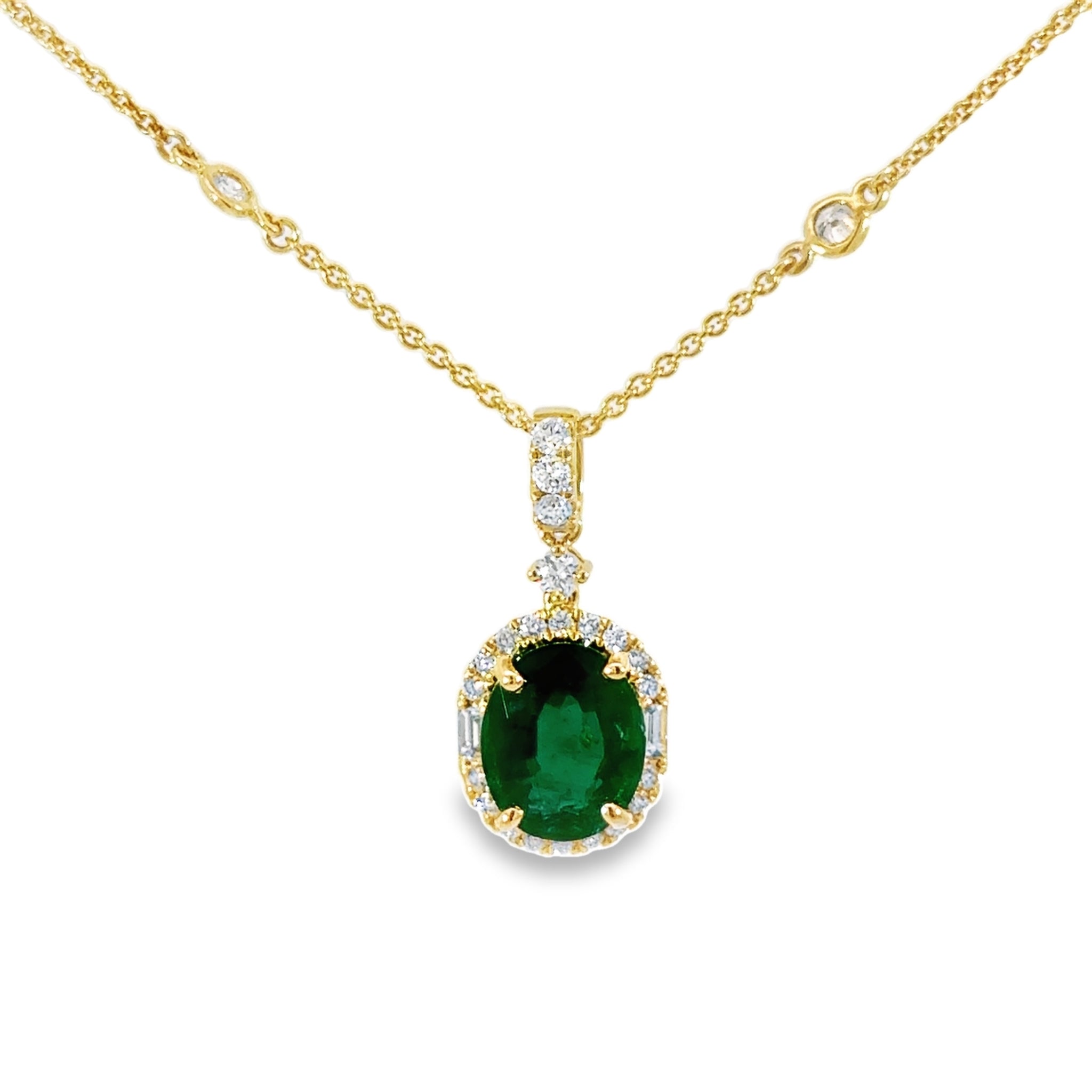 18k Yellow Gold Oval Emerald And Diamond Halo Pendant